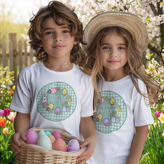イースターのうさぎとひよこと卵 ギンガムグリーン Tシャツ