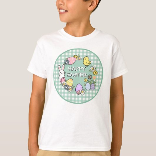 イースターのうさぎとひよこと卵 ギンガムグリーン Tシャツ (正面)