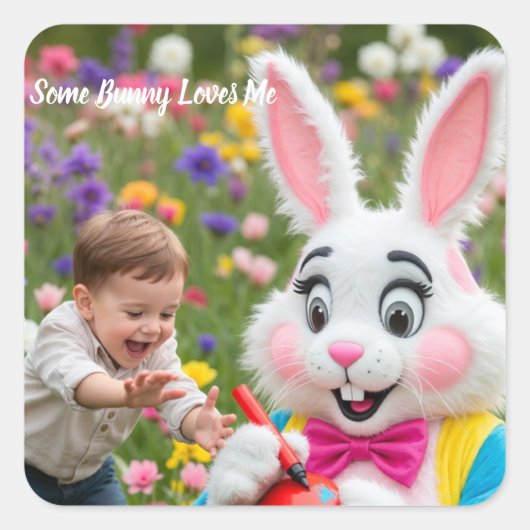 イースターのうさぎと子供の写真 スクエアシール (正面)
