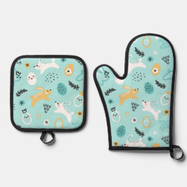 イースターのうさぎ かわいいラビット エッグ デザイン 鍋つかみ&鍋敷きセット
