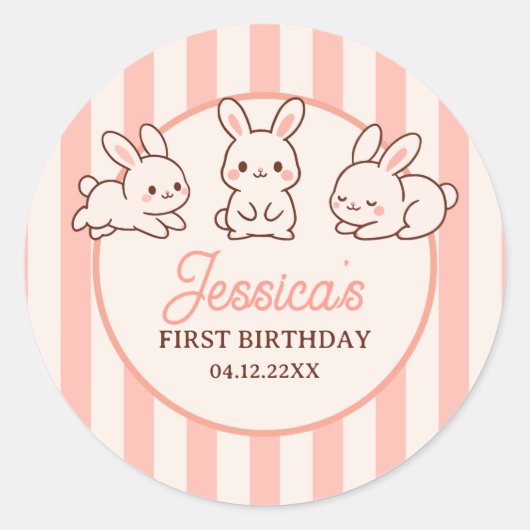 イースターのうさぎ ピンク ガール 1歳 誕生日パーティー ラウンドシール (正面)