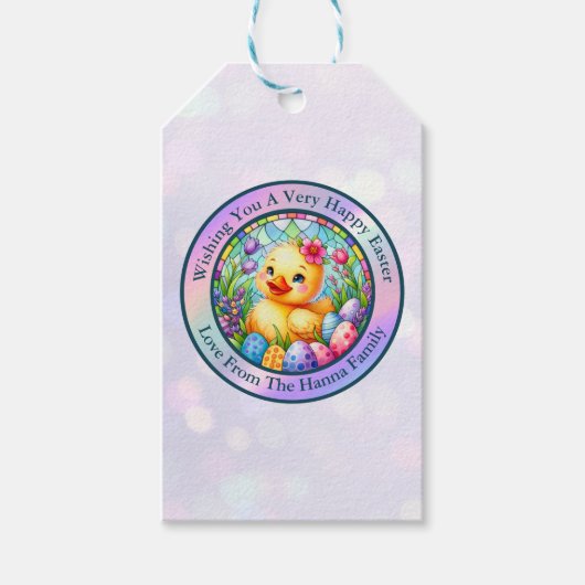 イースターのかわいいひよこ、花、カラフルな卵 ギフトタグ (正面)