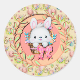 イースターのかわいいウサギがバスケットに座って ラウンドシール