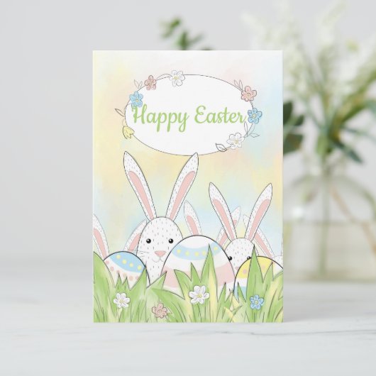 イースターのかわいいバニーと卵 サンキューカード (スタンド正面)
