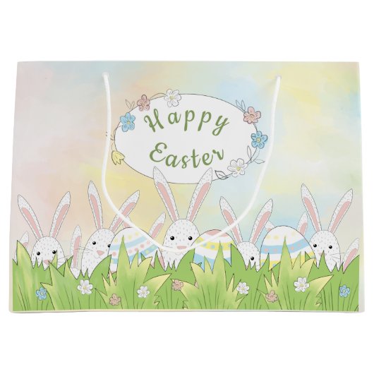 イースターのかわいいバニーと卵 ラージペーパーバッグ (正面)