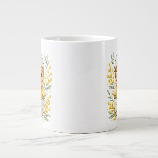 イースターのひよこメガネミモザの花 ジャンボコーヒーマグカップ (正面)