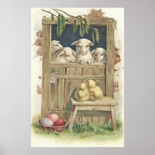 イースターのひよこ 羊小屋 色付け たまご ポスター (正面)