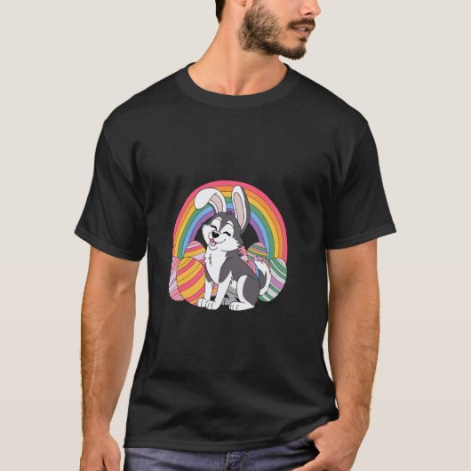 イースターのイースターエッグチョコとハスキーの面白いデザイン Tシャツ (正面)