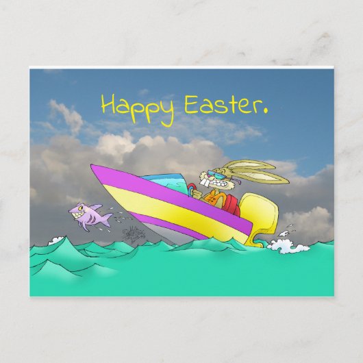 イースターのウサギがスピードボートに乗って シーズンポストカード (正面)