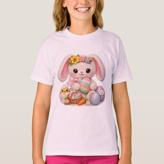 イースターのウサギとうさぎの雛とパステルエッグ Tシャツ (正面)
