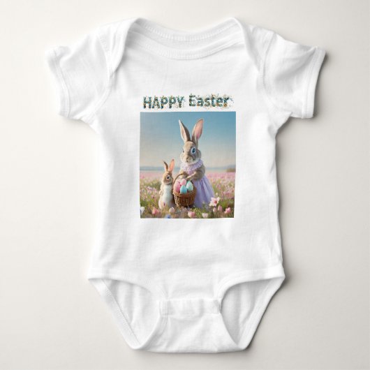 イースターのウサギとイースターの卵　ハッピーイースター ベビーボディスーツ (正面)
