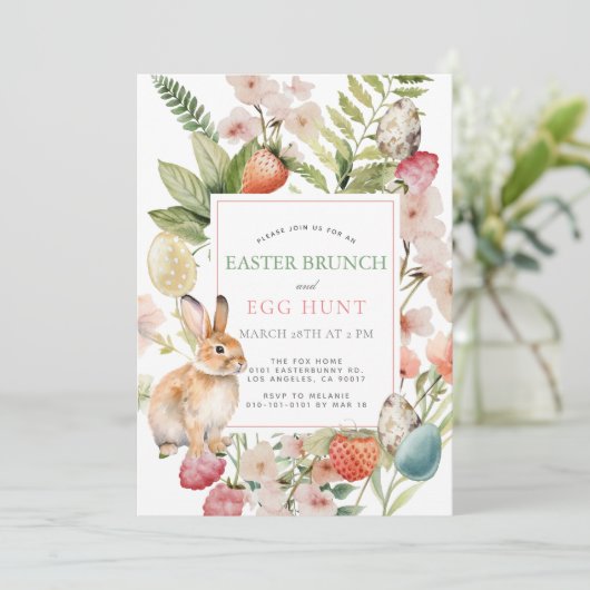イースターのウサギとバラの実のスイートなイースターブランチ 招待状 (スタンド正面)