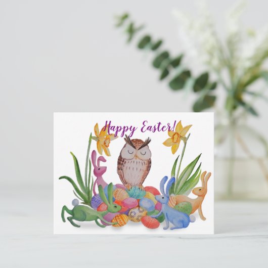 イースターのウサギとフクロウ シーズンポストカード (スタンド正面)