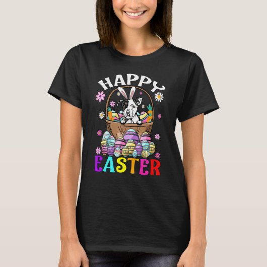 イースターのウサギと卵で幸せなイースターを楽しむピットブル Tシャツ (正面)