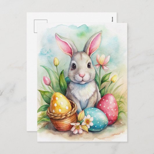 イースターのウサギと色付けされた卵のホリデーカード シーズンポストカード (正面/裏面)