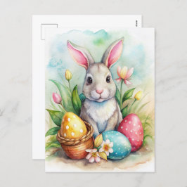 イースターのウサギと色卵のホリデーカード シーズンポストカード