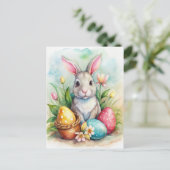 イースターのウサギと色卵のホリデーカード シーズンポストカード (スタンド正面)