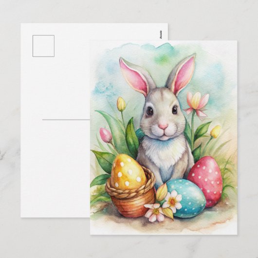 イースターのウサギと色卵のホリデーカード シーズンポストカード (正面/裏面)