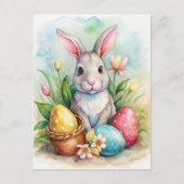 イースターのウサギと色卵のホリデーカード シーズンポストカード (正面)