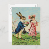 イースターのウサギのばら色のビクトリアンな女性の景色 シーズンポストカード (正面/裏面)