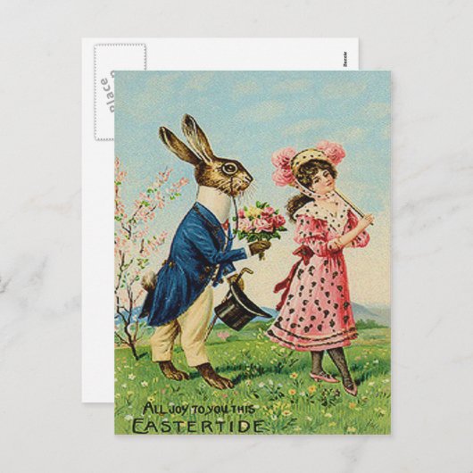 イースターのウサギのばら色のビクトリアンな女性の景色 シーズンポストカード (正面/裏面)