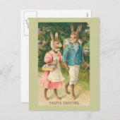 イースターのウサギの恋人のヴィンテージ シーズンポストカード (正面/裏面)