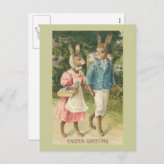 イースターのウサギの恋人のヴィンテージ シーズンポストカード (正面/裏面)