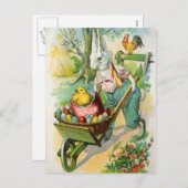 イースターのウサギの旧式な郵便はがきの一輪車のひよこ シーズンポストカード (正面/裏面)