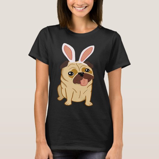 イースターのウサギの耳をつけたかわいいパグ Tシャツ (正面)