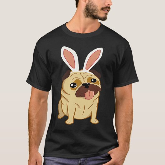 イースターのウサギの耳をつけたかわいいパグ Tシャツ (正面)
