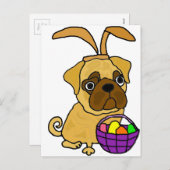 イースターのウサギの耳を搭載するおもしろいなパグ犬 シーズンポストカード (正面/裏面)