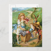 イースターのウサギ及び卵のポストを持つビクトリアンな女の子 シーズンポストカード (正面/裏面)