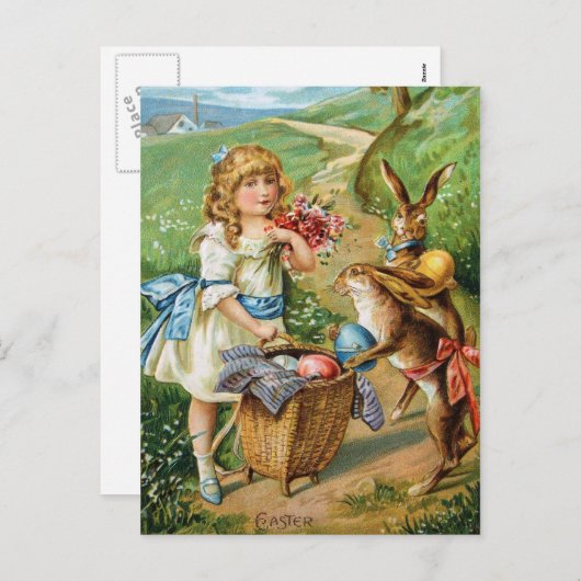 イースターのウサギ及び卵のポストを持つビクトリアンな女の子 シーズンポストカード (正面/裏面)