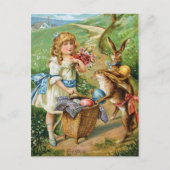 イースターのウサギ及び卵のポストを持つビクトリアンな女の子 シーズンポストカード (正面)