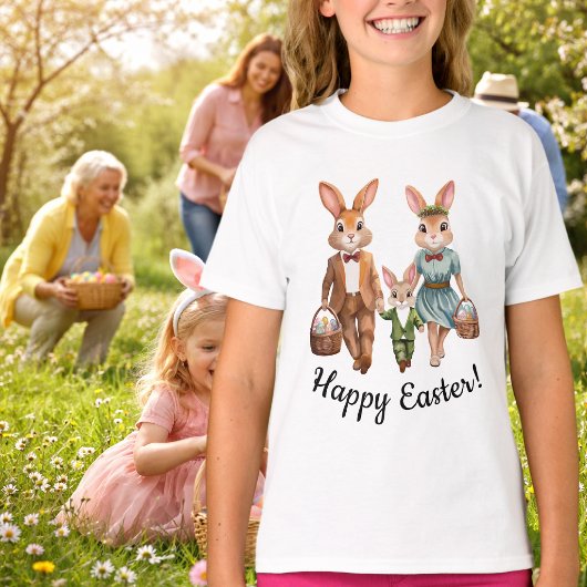 イースターのウサギ家族の卵探し  Tシャツ