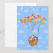 イースターのカラフルな卵の入った風船かご 招待状 (正面/裏面)