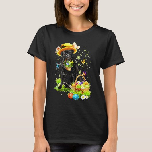 イースターのハッピー・パグ犬、イースターエッグ、復活祭 Tシャツ (正面)