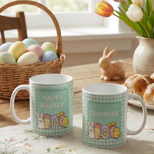 イースターのバニー+ひよこ+卵+グリーンギンガム コーヒーマグカップ