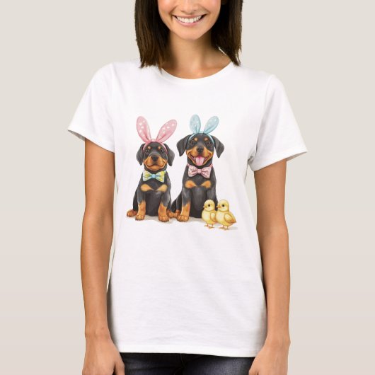 イースターのロットワイラー犬 うさぎの耳 Tシャツ (正面)