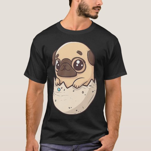 イースターの卵から孵るパグのかわいいちび犬 Tシャツ (正面)