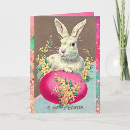 イースターの卵と春の花を持つ白うさぎ シーズンカード (正面)