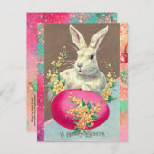 イースターの卵と春の花を持つ白うさぎ シーズンポストカード (正面/裏面)