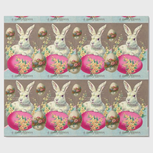 イースターの卵と春の花を持つ白うさぎ ラッピングペーパー (フラット)