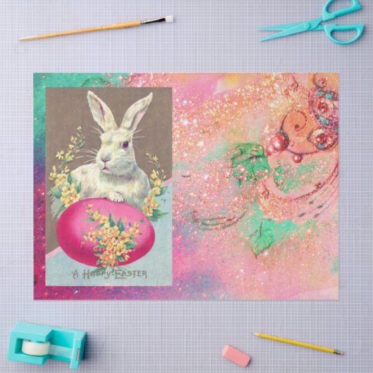 イースターの卵と春の花を持つ白うさぎ 薄葉紙 (クラフト)