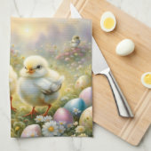 イースターの卵と牧草地のかわいい雛、ヴィンテージ キッチンタオル (四つ折り)