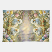 イースターの卵と牧草地のかわいい雛、ヴィンテージ キッチンタオル (横)