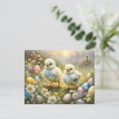 イースターの卵と牧草地のかわいい雛、ヴィンテージ シーズンカード (スタンド正面)