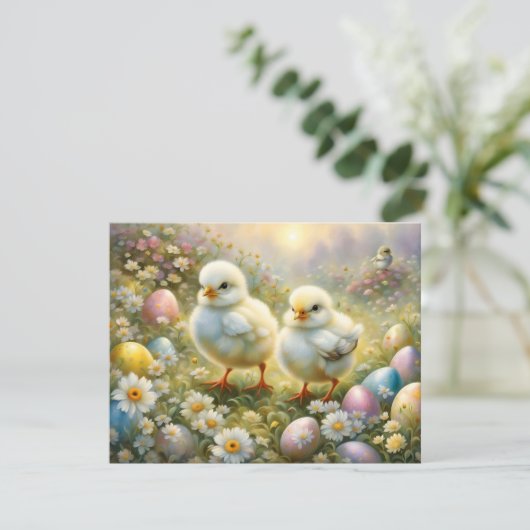 イースターの卵と牧草地のかわいい雛、ヴィンテージ シーズンカード (スタンド正面)