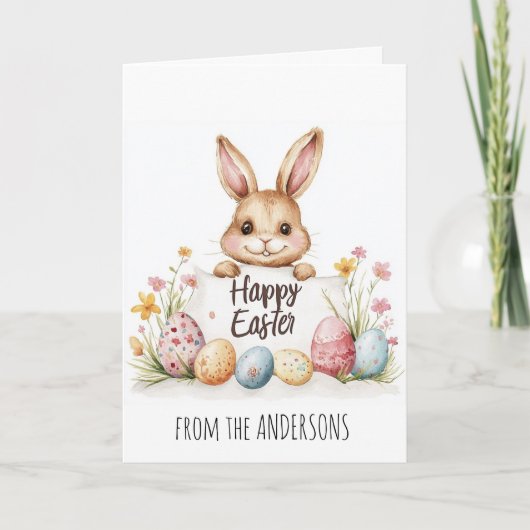 イースターの卵と背景のかわいいバニー シーズンカード (正面)