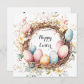 イースターの卵のカラフルな装飾リース（花と葉付き） 招待状 (正面/裏面)